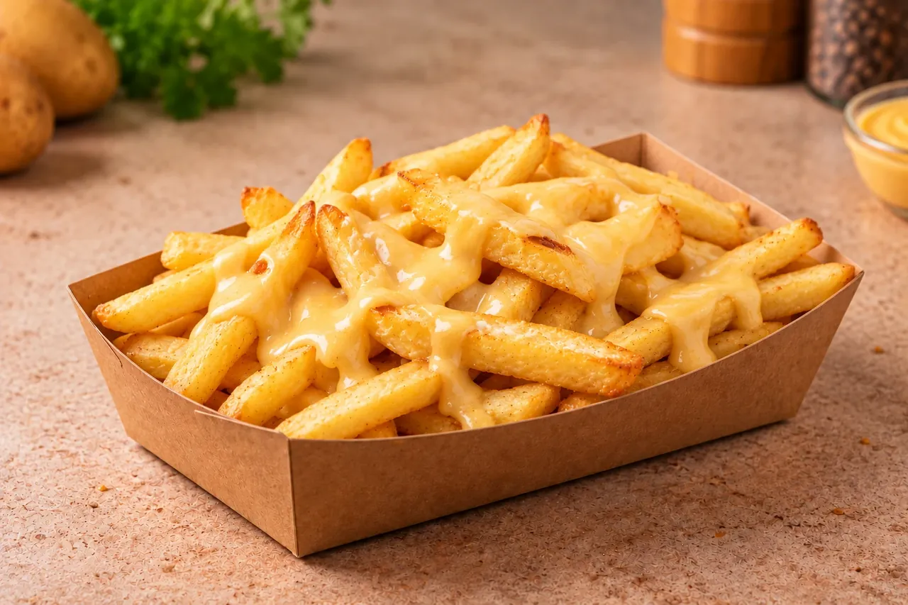 Barquette de frites nappées de sauce fromagère chez Tamaris Food