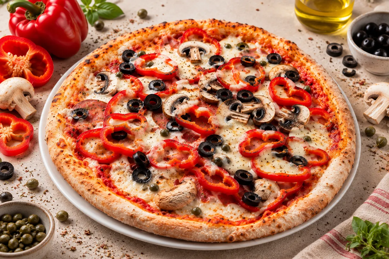Pizza garnie de poivrons, olives noires et champignons, servie chez Tamaris Food à Lancy