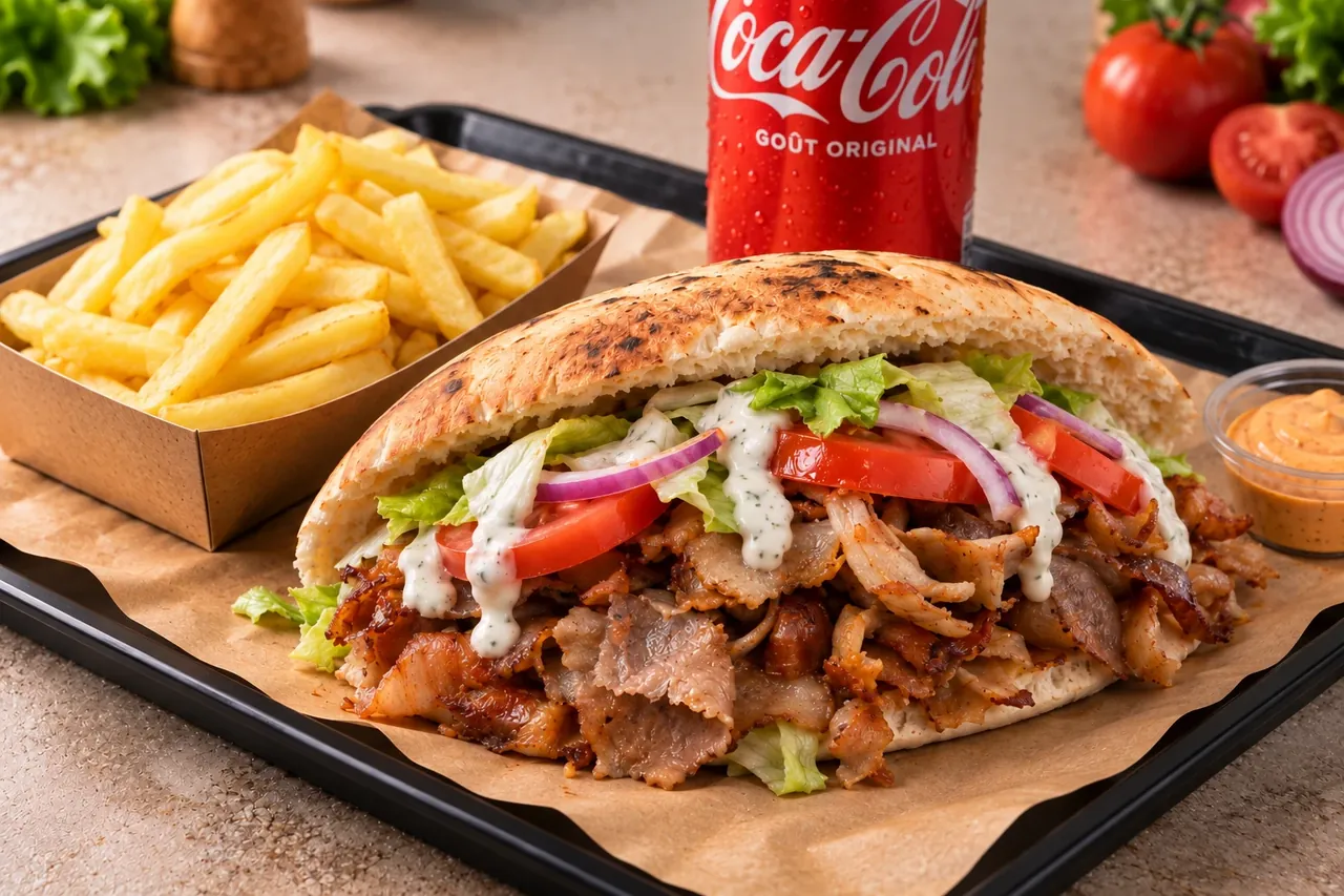 Sandwich kebab garni de viande, salade, tomates et sauce blanche, servi avec des frites et un Coca-Cola