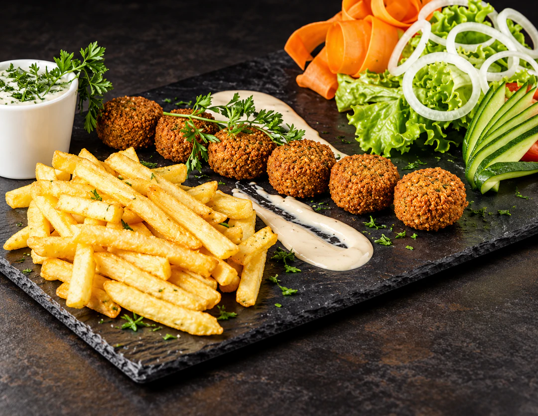 Falafels servis avec des frites, des crudités et une sauce